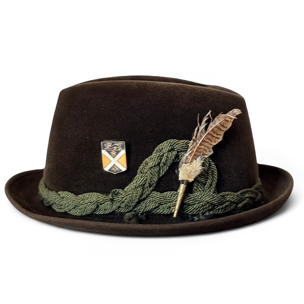 Vintage Berg Brown Velour Men’s Fedora Hat with Green Braid Feather Crest Pin